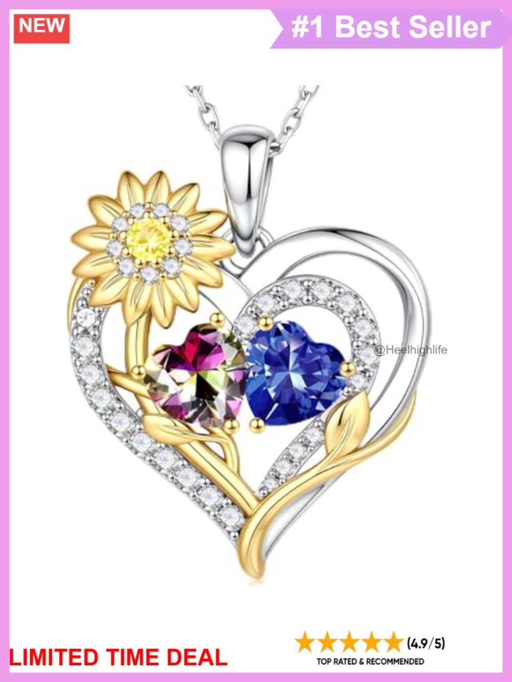 925 Sterling Silver Double Heart Sunflower Pendant Necklace Adjustable 21in